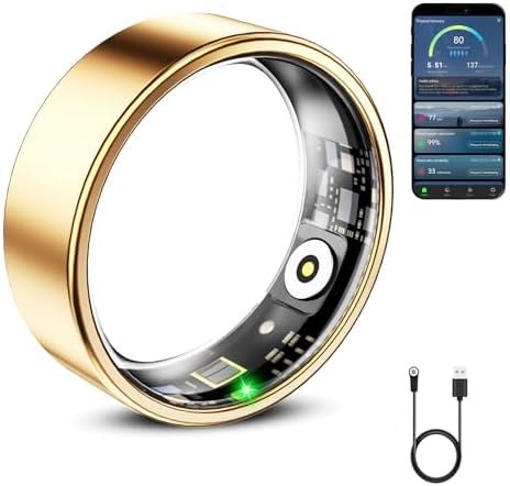 Smart Ring for Women & Men, Smart Ring Health Tracker, Blood Oxygen & Heart Rate Monitor Sleep Ring, Waterproof Fitness Ring, Long Lasting Battery Smart Rings (Gold, #7)