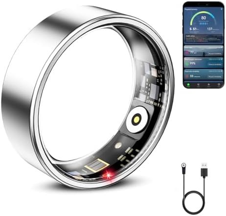 Smart Ring for Women & Men, Smart Ring Health Tracker, Heart Rate Monitor Sleep Ring, Waterproof Fitness Ring, Long Lasting Battery Smart Rings (Silver, #7)