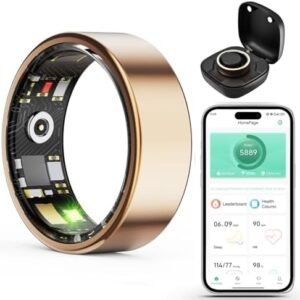 Smart Wellness Ring, Stylish Fitness Tracker with Heart Rate, Blood Oxygen, Blood Pressure, Sleep & Step Monitor. IP68 Waterproof, No Subscription, iOS & Android Compatible (Gold, 8)