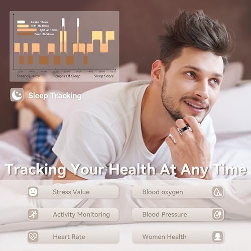 Health Smart Ring for Men Women, Fitness Tracker with Heart Rate/Blood Pressure/Blood Oxygen Monitor,Sleep Tracker,Pedometer, IP68 Waterproof Ring for iPhone&Android, No Subscription (Black, Size9) - Image 2