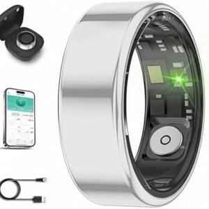 Smart Ring for Men Women with Black Charging Box, Bluetooth, Health Ring , IP68 Waterproof, Fitness Ring Tracks Heart Rate/Sleep/Steps/Sports Activities/Blood Oxygen,non-subscription app (Silver, 7)