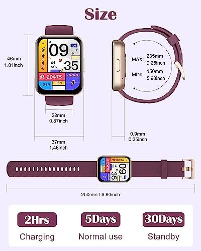 RUIMEN Smart Watches for Women Men (Answer/Make Calls) Compatible with iPhone/Android Phones, 1.85" HD Screen Fitness Tracker Heart Rate Monitor 100+ Sports Tracker Watch Waterproof (Purple) - Image 8