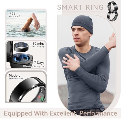 Health Smart Ring for Men Women, Fitness Tracker with Heart Rate/Blood Pressure/Blood Oxygen Monitor,Sleep Tracker,Pedometer, IP68 Waterproof Ring for iPhone&Android, No Subscription (Black, Size9) - Image 7