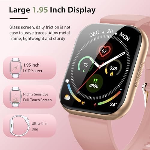 Smart Watch for Women, 1.95" HD Touchscreen Fitness Tracker with Bluetooth Calling, Fitness Watch with 110+ Sports Modes/Heart Rate/Sleep Monitor, IP68 Waterproof Smartwatch for Android iOS, Pink - Image 2
