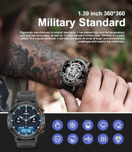 Military Smart Watch for Men(Answer/Dial Calls),100 Sports Modes, 5ATM Waterproof Fitness Watch with Heart Rate/SpO2/Blood Pressure for Android and iOS,1.39''HD DIY Screen Smartwatch Black - Image 4