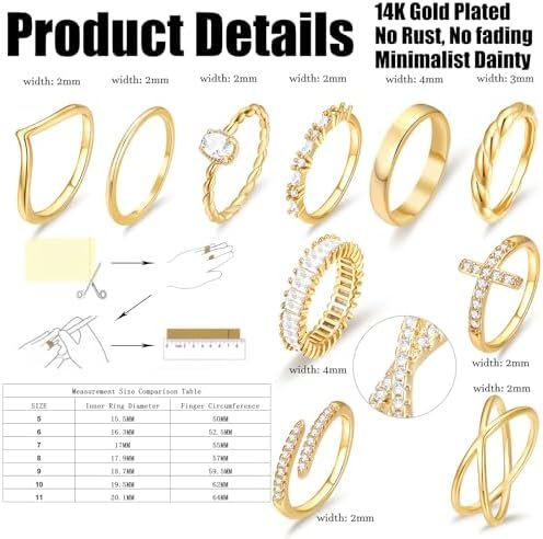 10 PCS 14K Gold Plated Rings Set for Women, Dainty Gold Knuckle Ring Non Tarnish, Simple Thumb Stacking Rings Pack Size 6/7/8/9/10 - Image 2