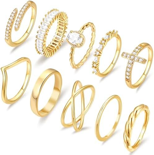 10 PCS 14K Gold Plated Rings Set for Women, Dainty Gold Knuckle Ring Non Tarnish, Simple Thumb Stacking Rings Pack Size 6/7/8/9/10