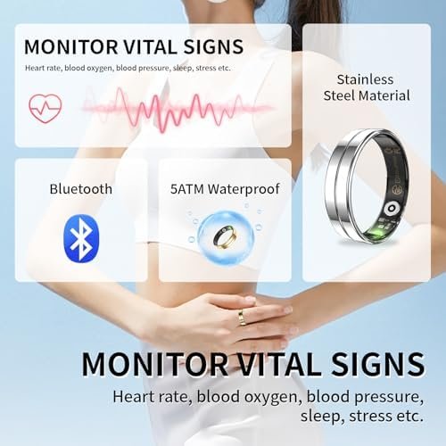 HitTopss Smart Ring, Ultra Thin Fitness Tracking Smart Ring with Calories/Heart Rate/Blood Oxygen/Sleep Monitoring, 5ATM Waterproof, No APP Subscription (Silver,Ultra Thin-8#) - Image 4