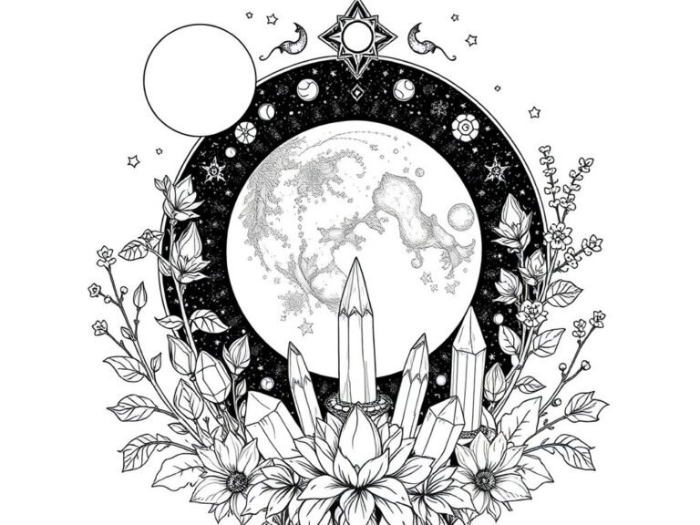Rendered coloring page: witchy adult coloring page, moon, crystals, botanicals, mystic feminine design, detailed clean black line art, white background, style notes: witchy gothic  cosmic energy adult coloring page, moon, crystals, botanicals, mystic feminine design, detailed clean black line art, white background, cinematic cover art, full color, centered composition, premium digital product cover