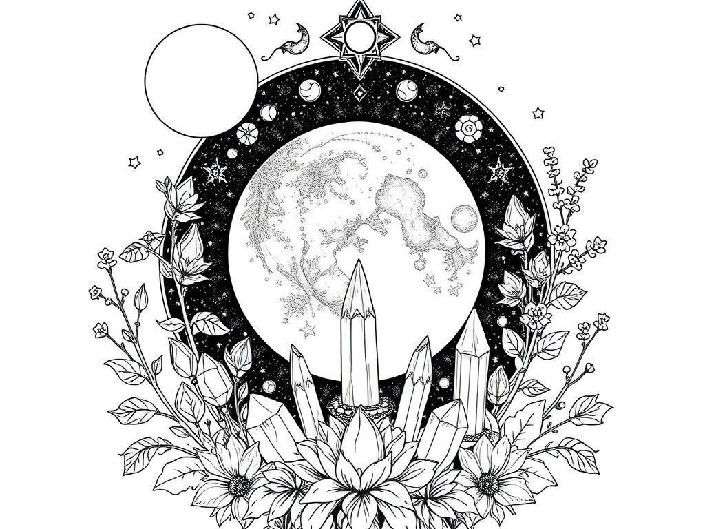 Adult Witch Coloring 15 PDF Pack - Witchy Moon Crystals Botanicals Design