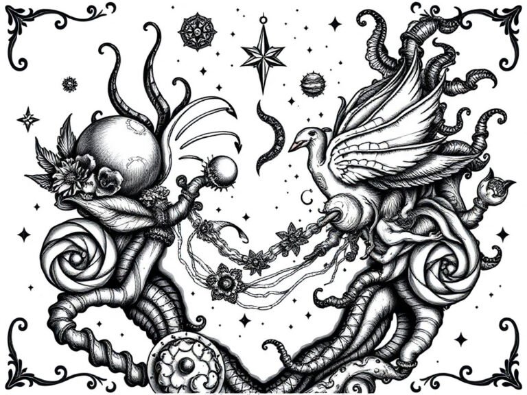 Rendered coloring page: adult gothic coloring page, ornate details, dramatic line art, black ink outlines, white background, printable adult coloring book page, style notes: adult cosmic universe coloring page, ornate details, dramatic line art, black ink outlines, white background, printable adult coloring book page, clean black and white coloring book line art, no text, no shading, white background, bold outlines, printable interior page, variation 1 of 4
