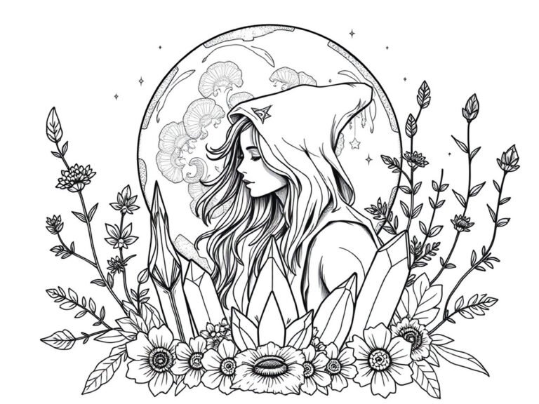 Rendered coloring page: witchy adult coloring page, moon, crystals, botanicals, mystic feminine design, detailed clean black line art, white background, style notes: witchy gothic  cosmic energy adult coloring page, moon, crystals, botanicals, mystic feminine design, detailed clean black line art, white background, cinematic cover art, full color, centered composition, premium digital product cover